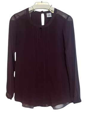 Cabi Plum Pleated Front Blouse Sheer Yoke Long Sleeve Top Size XS